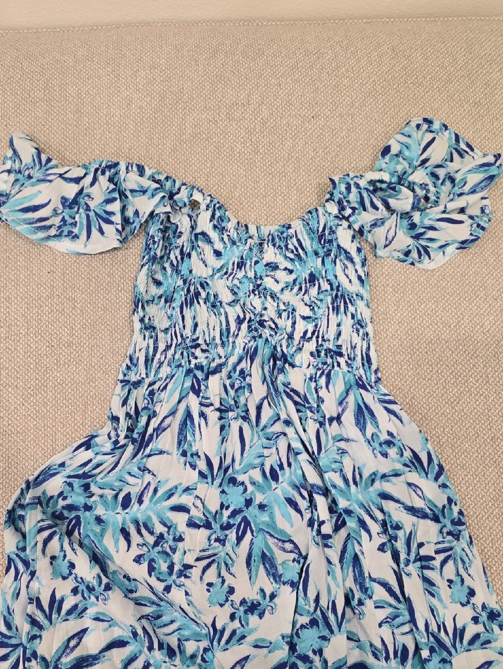Tiare Hawaii Navy Blue & Teal Floral Smocked Maxi Dress